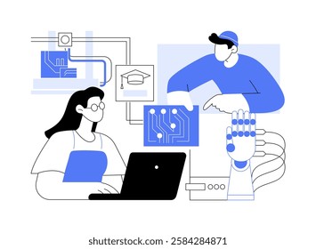 Robotics isolated cartoon vector illustrations. Students work at robotics lab together, higher education, master degree, community college, engineering and technology vector cartoon.