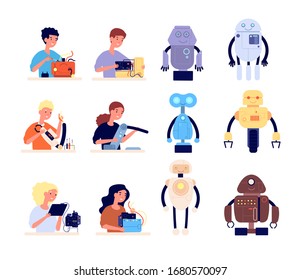 Robotics for kids. Children project, creating little smart toys. Technological education, boy girl programming cyborgs vector illustration