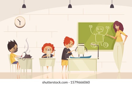 Robotics kids class vector illustration with little pupils designing robots and female adult character at blackboard with cartoon drawing 