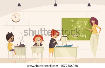 Robotics kids class vector illustration with little pupils designing robots and female adult character at blackboard with cartoon drawing 