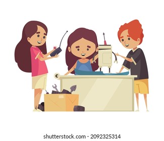 Robotics for kids composition with doodle characters of children assembling toy robots at table with toolbox vector illustration