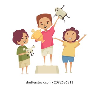 Robótica para niños composición con caracteres de garabatos de niños sosteniendo robots de juguete parados en la ilustración de vectores de podio ganadores