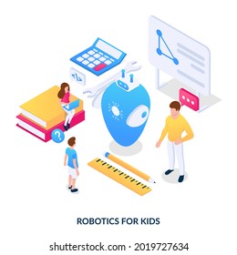 Robotics for kids concept. Hobby clubs for children, additional education, study of modern technologies. Isometric vector illustration on white background.