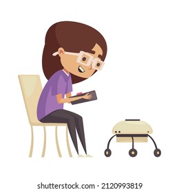Robotics kids education composition with cartoon character of girl with smartphone and robot on wheels vector illustration