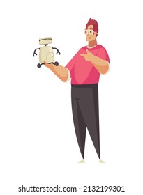 Robotics kids education composition with cartoon character of adult guy looking at toy robot vector illustration