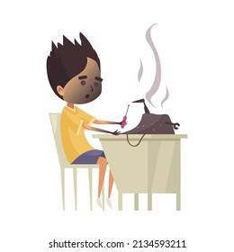 Robotics kids education composition with cartoon character of distracted guy at desk with burned robot vector illustration