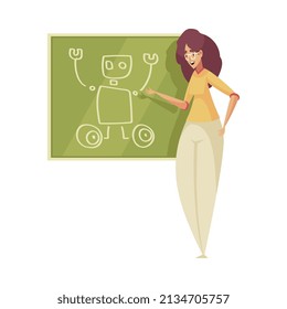 Robótica niños composición educativa con caricatura de profesora en ilustración vectorial de pizarra