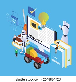 Robotics kids education composition with character of teenage boy robot with isometric 3d vector illustration concept