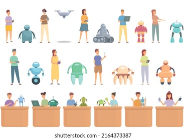 Robotics kids education icons set cartoon vector. Robot program. Engineer making