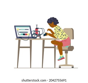 Robotics for kids flat vector illustration. African american teenage girl sitting at desk with laptop programming and controlling robot.