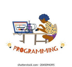 Robotics for kids flat vector illustration. African american girl sitting at desk with laptop programming and controlling robot.