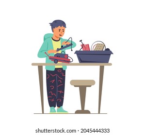 Robotics for kids flat vector illustration. Boy standing near desk with box with details making a robot.