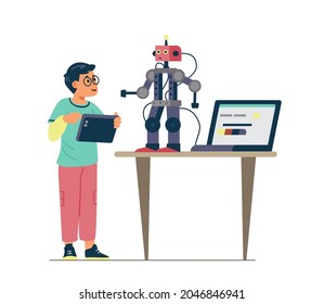 Robotics for kids flat vector illustration. Boy with tablet programming and controlling robot.