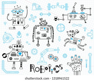 Robotics for kids. Set of design elements. Robots and details for construction. Vector illustration.