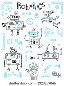 Robotics for kids. Set of design elements. Robots and details for construction. Vector illustration.