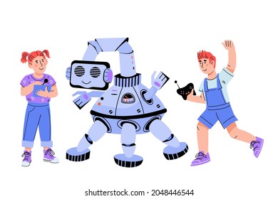 Robótica para niños con niños inteligentes diseñando robots electrónicos. Los niños exploran y crean juguetes inteligentes, ilustración vectorial plana aislada en blanco. Programación infantil y educación en informática.