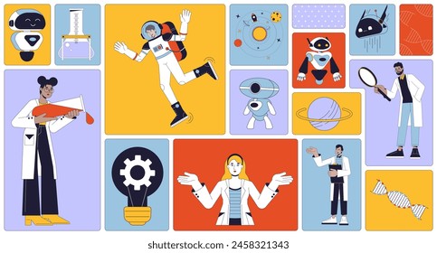 Robotics lab research bento grid illustration set. Researchers uniform 2D vector image collage design graphics collection. Robot, spaceman. Diverse doctors scientists flat characters moodboard layout