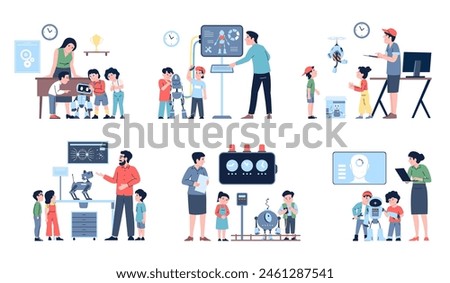 Robotics lesson and offline courses for children. Teachers and students developing and programming robots, cyborgs, androids, recent vector scenes