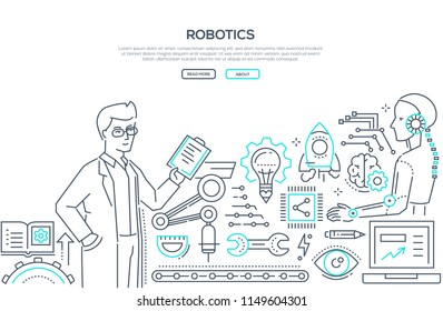 Robotics - line design style illustration on white background with place for your text. Banner with a young scientist holding a file. Images of lightbulb, rocket, robot, brain, gears, eye