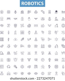 Robotics line icons, signs set. Robotics, Automation, Artificial, Intelligence, Machines, Coding, Algorithms, Control, Motor outline vector illustrations.