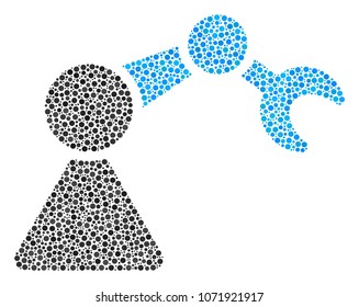 Robotics Manipulator collage of circle dots in different sizes and color tinges. Circle dots are united into robotics manipulator vector collage. Dotted vector design concept.