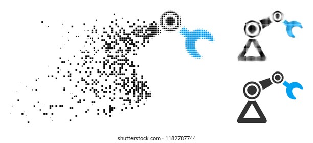 Robotics manipulator icon in dissolved, dotted halftone and original versions. Fragments are grouped into vector dissolving robotics manipulator icon. Disappearing effect uses rectangular dots.