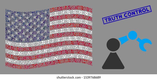 Robotics manipulator items are arranged into American flag collage with blue rectangle rubber stamp watermark of Truth Control text.