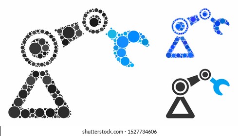 Robotics manipulator mosaic of filled circles in different sizes and color tinges, based on robotics manipulator icon. Vector random circles are composed into blue mosaic.