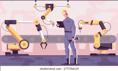 Robotics manufacturing flat composition with industrial robotic arm manipulators controlled by engineer character with assembly line vector illustration