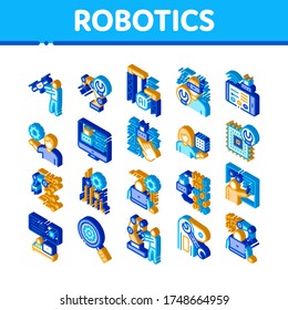 Robotics Master Collection Icons Set Vector. Human Worker With Drone And Robot Machine, Robotics Artificial Intelligence And Binary Code Isometric Illustrations