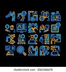 Robotics Master neon light sign vector. Glowing bright icon  Human Worker With Drone And Robot Machine, Robotics Artificial Intelligence And Binary Code Illustrations