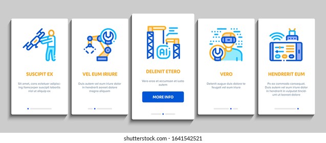 Robotics Master Onboarding Mobile App Page Screen Vector. Human Worker With Drone And Robot Machine, Robotics Artificial Intelligence And Binary Code Linear Pictograms. Color Contour Illustrations