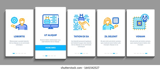 Robotics Master Onboarding Mobile App Page Screen Vector. Human Worker With Drone And Robot Machine, Robotics Artificial Intelligence And Binary Code Linear Pictograms. Color Contour Illustrations