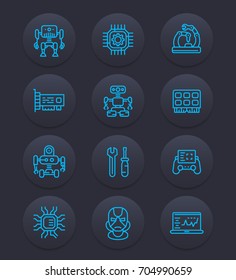 Robotics, mechanical engineering, robots icons, linear