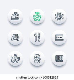 Robotics, mechanical engineering, robots, microelectronics line icons set