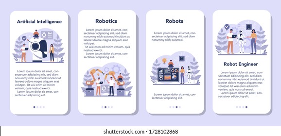 Robotics mobile application banner set. Robot engineering and programming. Idea of artificial intelligence and futuristic technology. Machine automation. Isolated vector illustration in cartoon style