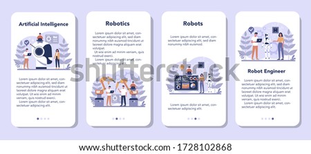 Robotics mobile application banner set. Robot engineering and programming. Idea of artificial intelligence and futuristic technology. Machine automation. Isolated vector illustration in cartoon style