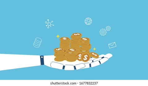 robótica e imagen de dinero,ilustración vectorial,fondo azul