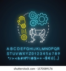 Robotics motion system neon light concept icon. Robot software idea. Information technologies and innovative programming. Glowing sign with alphabet, numbers and symbols. Vector isolated illustration