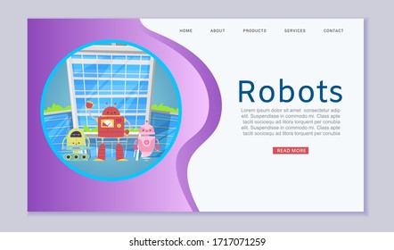 Robotics online lessons with cute robots and transformers website template for kids lessons vector cartoon illustration. Robotics designing lessons webpage for children.