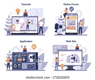 Robotics online service or platform set. Robot engineering and programming. Online video tutorial, forum, website, application. Isolated vector illustration in cartoon style