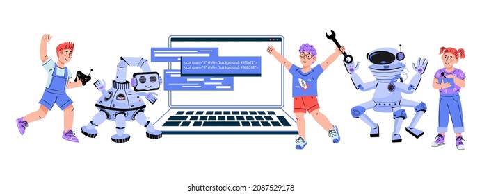 Robotics and programming education for children. Banner with kids and robots for electronic engineering and coding lessons for children, flat vector illustration isolated on white background.