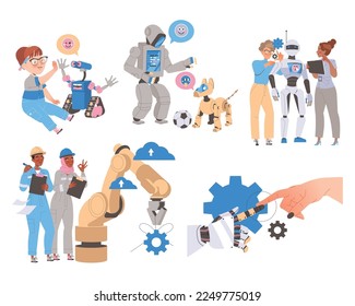 Robotics Programming with Engineer Characters Engaged in Artificial Intelligence Development Vector Set