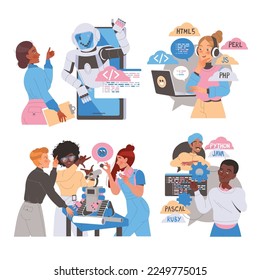 Robotics Programming with Male and Female Engineer Characters Engaged in Artificial Intelligence Development Vector Set