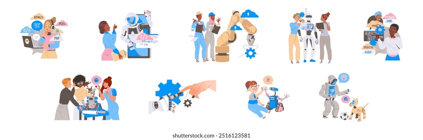 Programación de robótica con personajes de ingenieros masculinos y femeninos involucrados en el conjunto de Vectores de desarrollo de inteligencia artificial