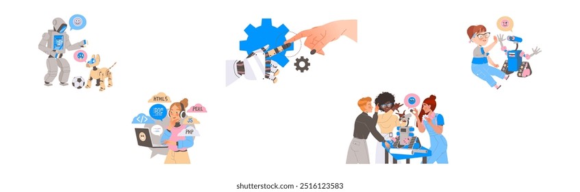 Robotics Programming with Male and Female Engineer Characters Engaged in Artificial Intelligence Development Vector Set
