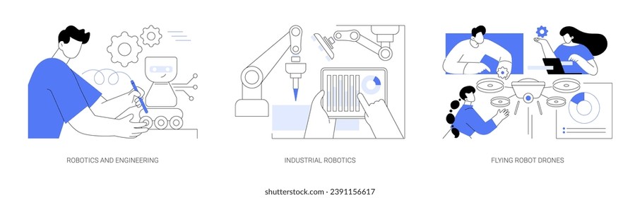 Robotics research isolated cartoon vector illustrations set. Computer science and engineering studies, industrial robot development, flying drones creation, technology innovation vector cartoon.