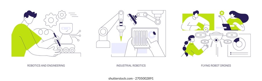 Conjunto de ilustrações isoladas do vetor de desenhos animados da pesquisa de robótica. Ciência da computação e estudos de engenharia, desenvolvimento de robôs industriais, criação de drones voadores, tecnologia de inovação de desenhos vetoriais.