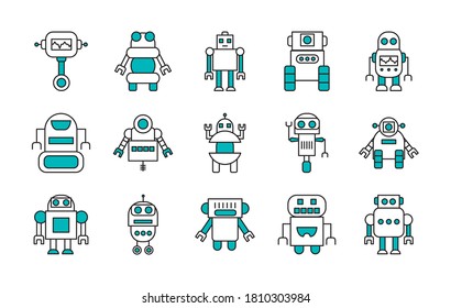 robotics and robots icon set over white background, half line half color style, vector illustration