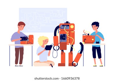 Robotics. Robots presentation, school engineering technology. Children showing cyborg. Young engineer education. Kids project vector concept